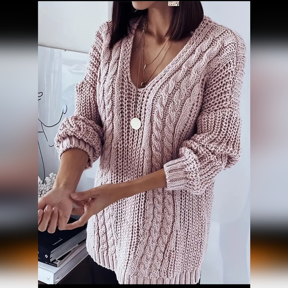 Women's Light Mauve Chunky Cable Knit V-Neck Sweater Tunic XL - Picture 3 of 4